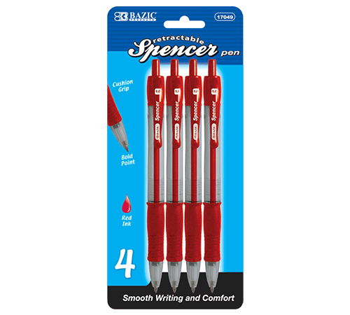 Bazic 17049 Spencer Red Retractable Pen w/ Cushion Grip (4/Pack) Case 