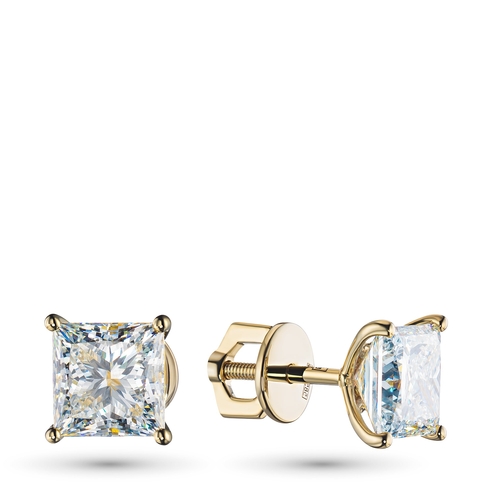 14K Yellow Gold Earring Studs with 2 Princess-Cut Lab-Created Diamonds