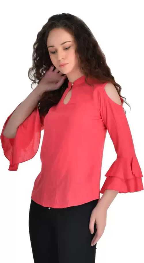 Casual Cold Shoulder Sleeves Solid Women Top (Size-L) PINK)