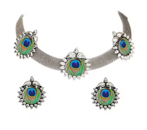 Peacock Feather Oxidised Necklace & Earrings Set