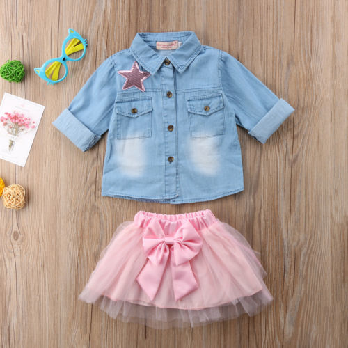 2PCS Kids Baby Girl Denim Top Shirt Coat+ Bow Tutu