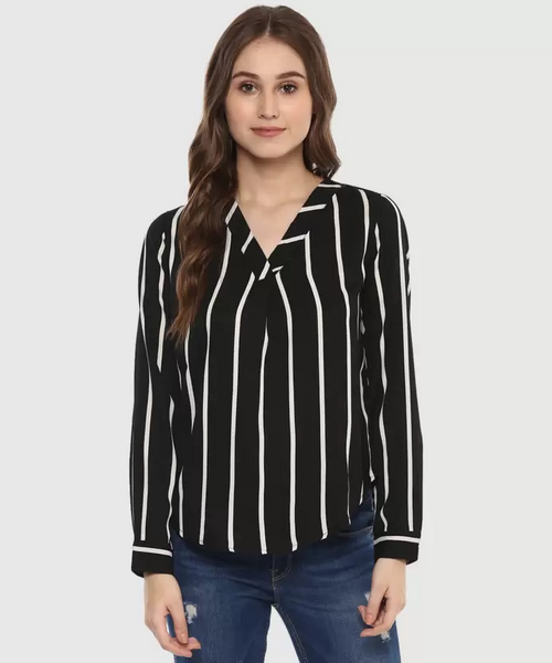 Formal Regular Sleeves Striped Women Black Top (Size L)