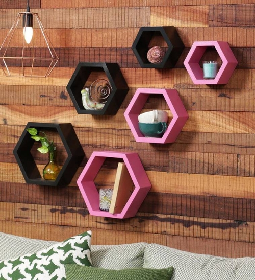 DECORASIA Hexagon Shape Wooden Wall Shelf Black & Pink