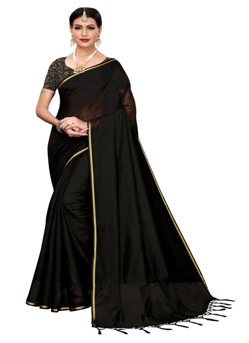 Generic Women's Chanderi Saree (Black, 5-6 Mtrs)