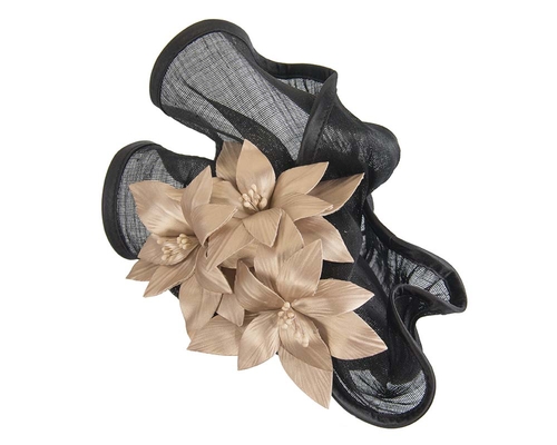 Sculptured black & gold fascinator with leather flowers