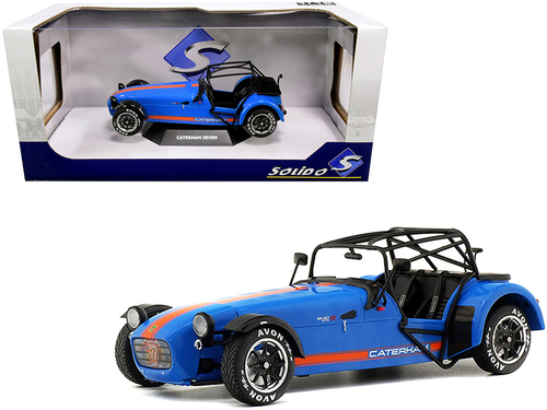 Caterham Seven Academy Blue Metallic with Orange Stripes 1/18 Diecast