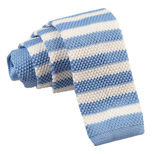 Knitted Striped Skinny Tie - Pale Blue & White
