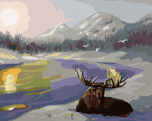 Zuty - Paint by Numbers - MOOSE LYING IN SNOW AND RIVER (D. RUSTY