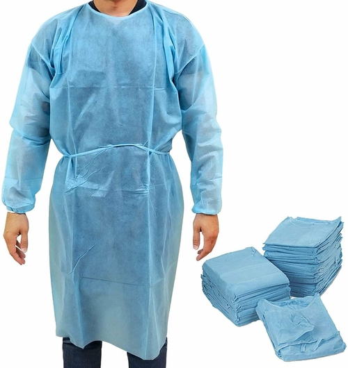 Disposable Isolation Gowns 45" Long. Pack of 5 Blue Polypropylene 45