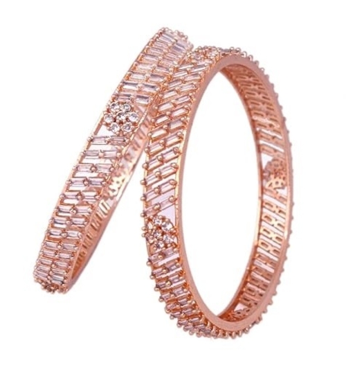 Rose Gold Polish With Pink Stones Traditional Bangles Encased With CZ