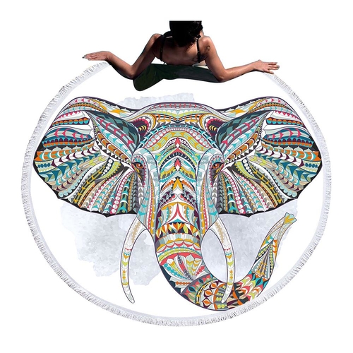 Elephant Round Beach Towel Bohemian Indian Tassel