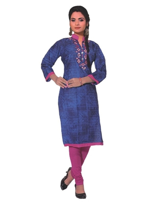 Blue Women’s Chinese Collar Embroidered Kurti