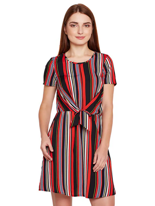 Tie Up Front Striped A-Line Dress (Size-XL) (Color-MULTICOLOR)