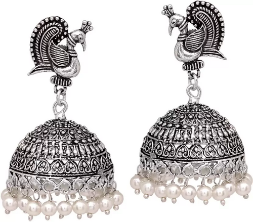 German Silver pearl drop Peacock jhumki Jhumka Earrings women Pearl