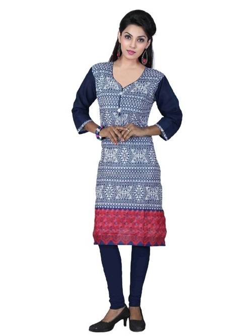 Blue & White Cotton Printed Casual Kurti