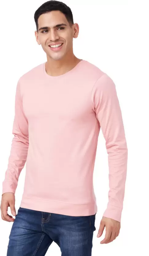 Men Solid Full Sleeves Round Neck Cotton Pink T-Shirt (Size XL)