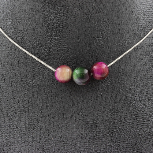 Two-tone Fuschia Tiger's Eye 8 mm 3 beads necklace