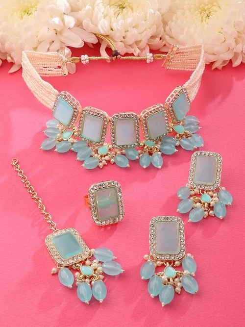 Turquoise Multistrand Necklace Earring Maangtikka & Ring Set