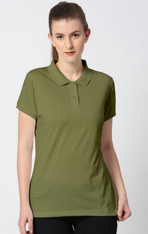 Women Solid Polo Collar T-shirt (ColorOlive) (Size L)