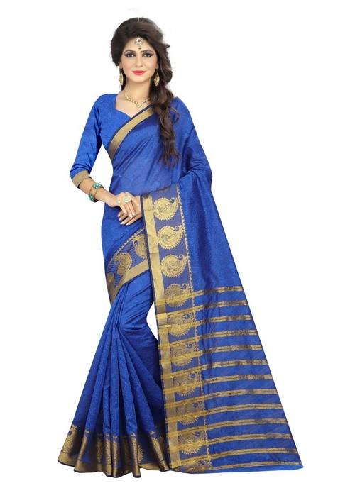 Generic Women's Poly Silk Saree with Blouse (Blue,