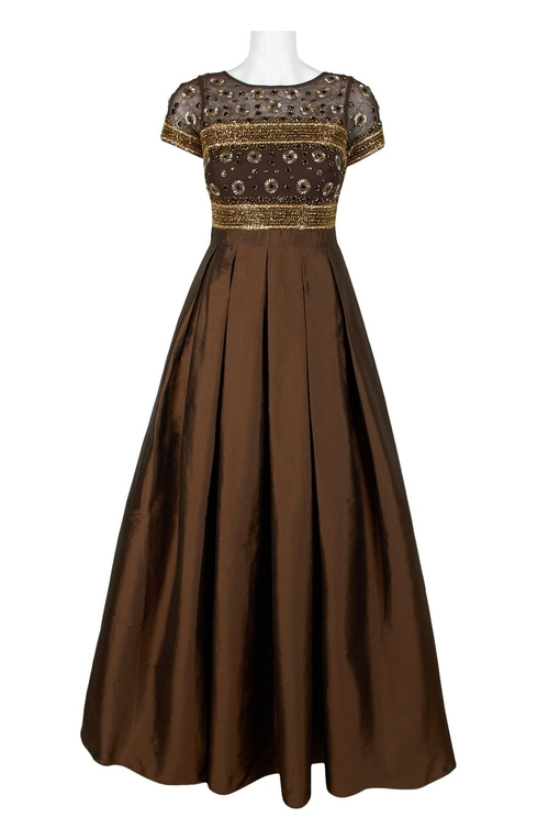 Aidan Mattox Crew Neck Sort Sleeve Illusion Embellished Pleated A-Line