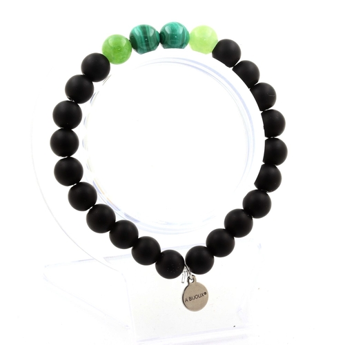 Malachite from Congo + Peridot + Matte Black Onyx Bracelet 8 mm Beads.