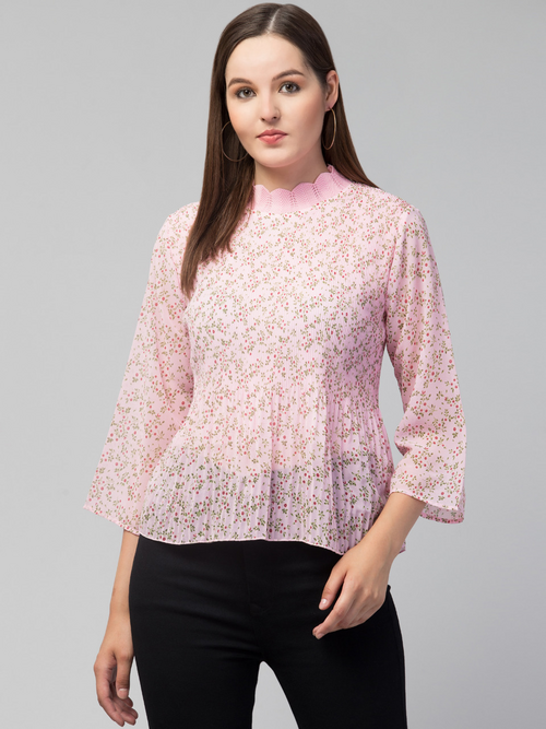 Women Pleated Ribbed Neck Floral Top (Color Pink) (Size S)