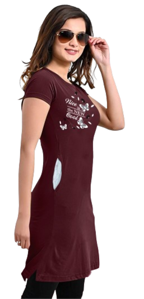 Women's Maroon Long Round Neck Tshirt with Two Size Cut Size S