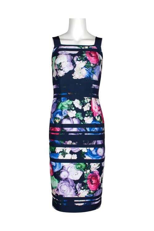 Adrianna Papell Square Neck Sleeveless Bodycon Zipper Slit Back Floral