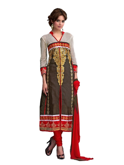 Women's Brown Cotton Embroidered Dress Material