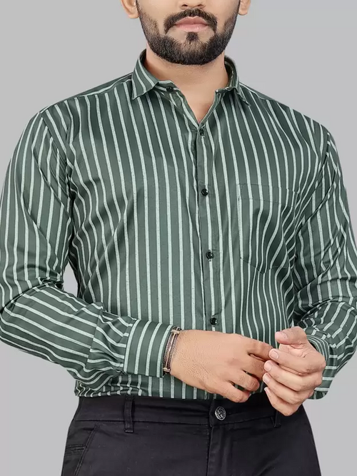 Men Regular Fit Striped Spread Collar Formal Shirt Dark Green (Size M)