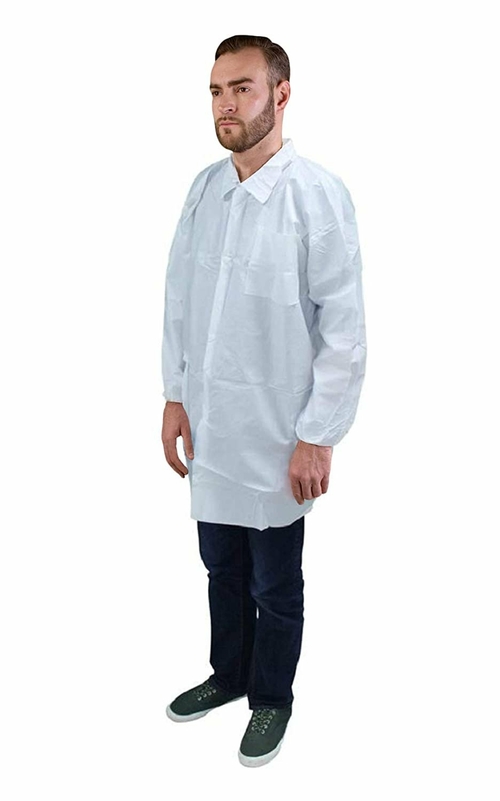 Pack of 5 White Lab Coats Large Size Elastic Wrists, Snap Front, 2