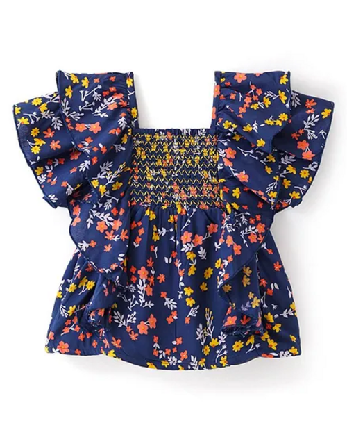 Rayon Woven Half Sleeves Top With Smocking & Frills Detailing Floral