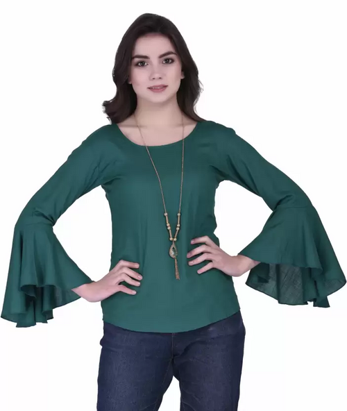 Bell Sleeves Solid Women Top (Size-L) GREEN)