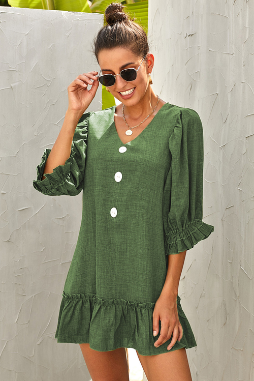 Green Casual Loose V Neck Short Swing Dress