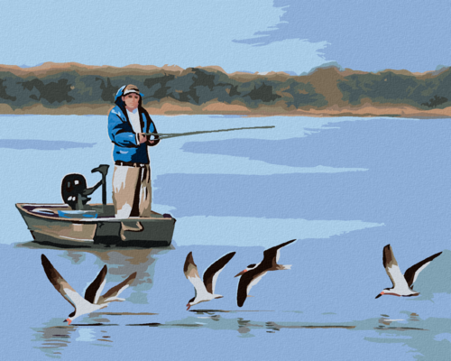 Zuty - Paint by Numbers - MAN FISHING IN A BOAT AND SEAGULLS (D. RUSTY