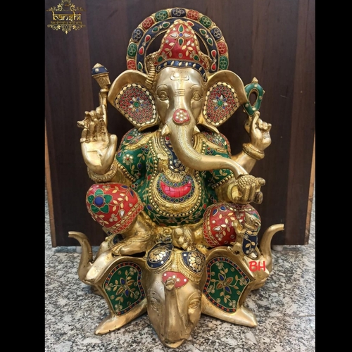 17" Brass Lord Ganesha Seated on Elephant