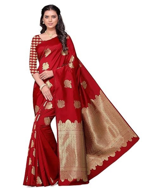 Women's Jacquard Banarasi Silk Saree with Blouse Piece, Red
