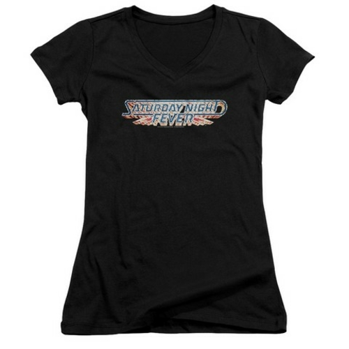 Trevco Saturday Night Fever-Logo Junior V-Neck Tee, Black - Small