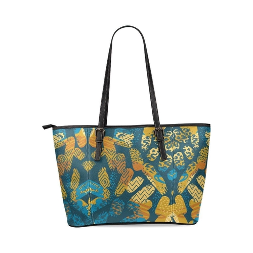 Large Leather Tote Shoulder Bag - Blue Geometric Print