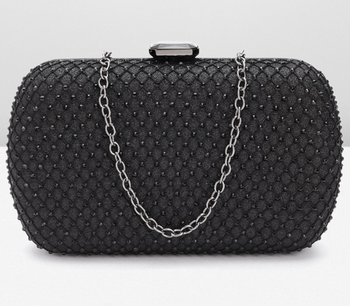 Women Black Embellished Box Clutch with Glittery Effect