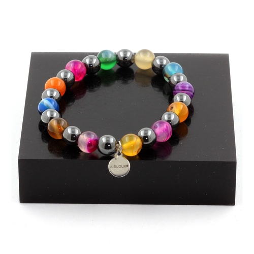 Multicolor Banded Agate + Hematite Bracelet 8 mm Beads.