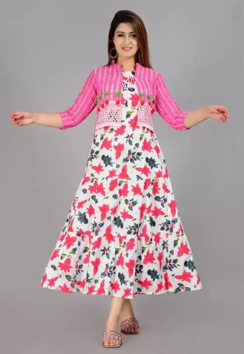 Women Chikan Embroidery Viscose Rayon Anarkali Kurta  (Pink)