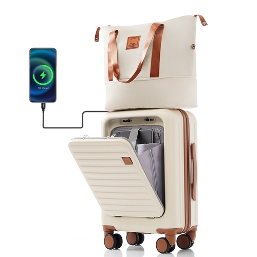 Front Opening 20-Inch Carry-On Luggage with Expandable Travel Bag Set,