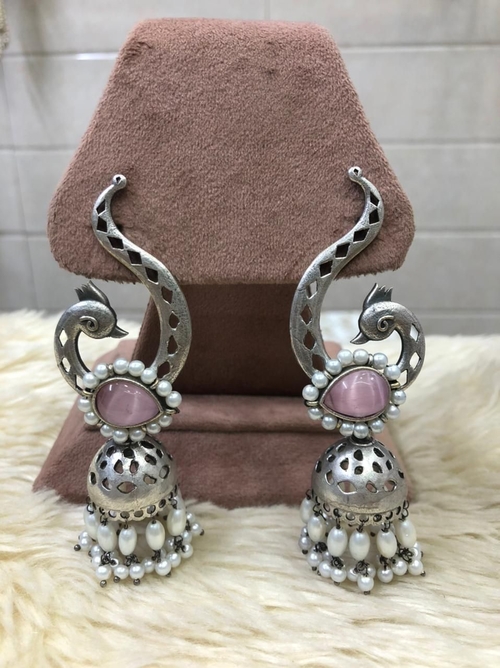 Peacock silver Pink oxidised earrings for women