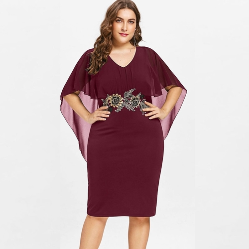  Plus Size Embroidery Capelet Dress V Neck