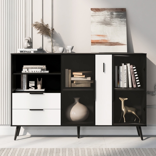 Featured Two-door Storage Cabinet with Two Drawers and Metal Handles,