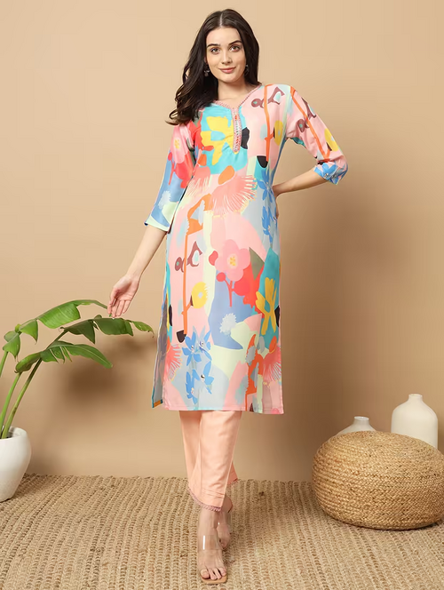 Women Printed V Neck Kurta Pant Set (Size-M) (Color-Multicolor)