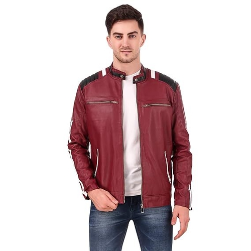 Men's Solid Stripped Design Biker Jacket (Size-S) (Color-CHERRY )