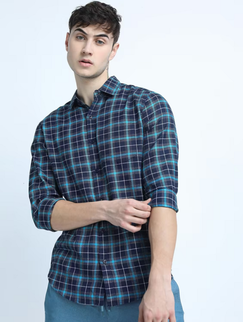 Men Navy Blue Regular Fit Collared Shirt (Size-L) (Color-Navy Blue)